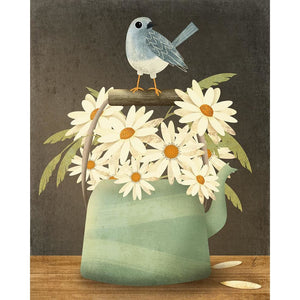 Blue Bird and Daisy Illustration | Kitchen Decor | Tea Pot Artwork