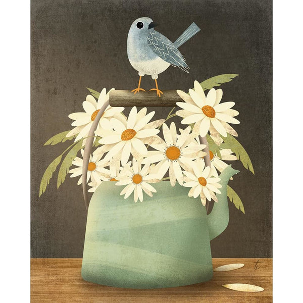 Tea Pot Illustration, Blue Bird and White Daisy Art