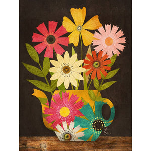 Illustration of colorful flowers in a yellow teapot by Chicago artist Tracey Capone