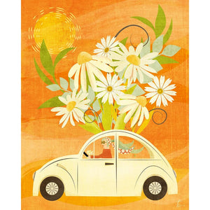 Vintage VW Bug Illustration | Floral Home Decor | Beetle Art
